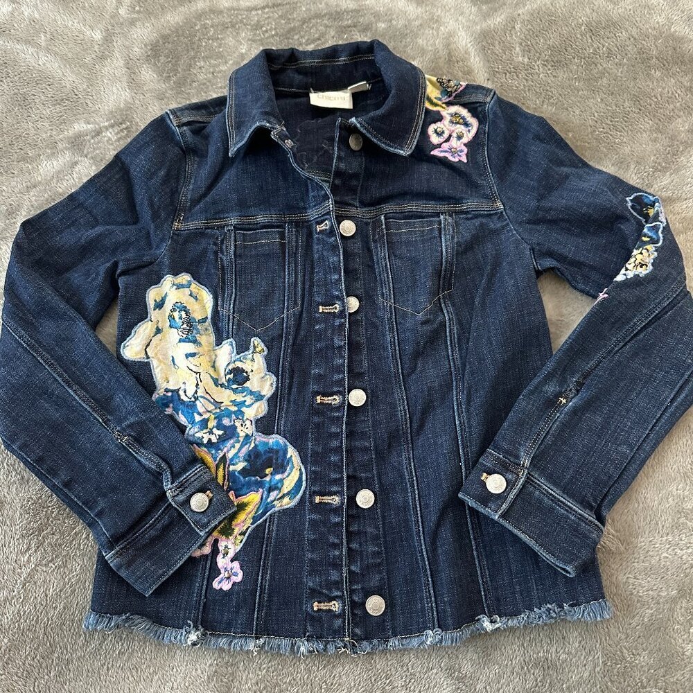 Chico's Applique Denim Jacket Button Up Stretch Women's 0 US SMALL